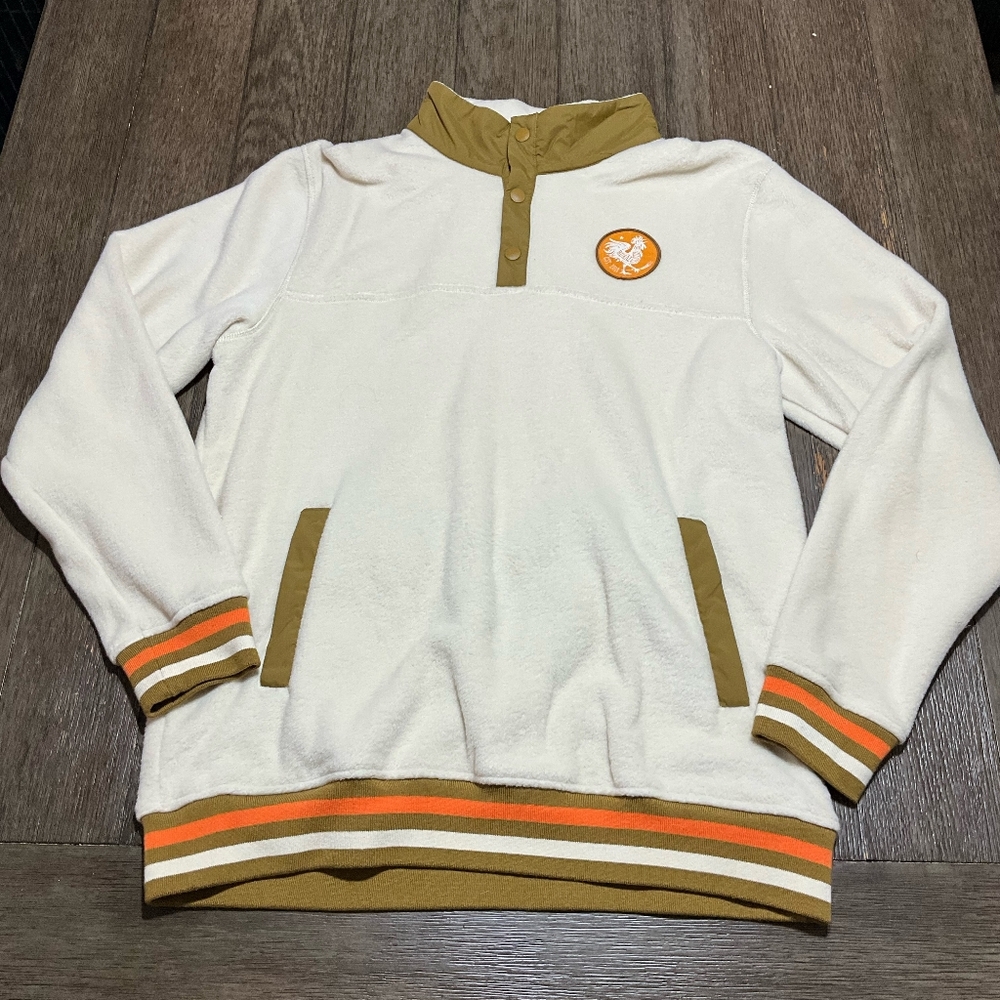 Rural Cloth Fleece Pullover Rooster Patch Snap Neck Cream Brown Orange Size L